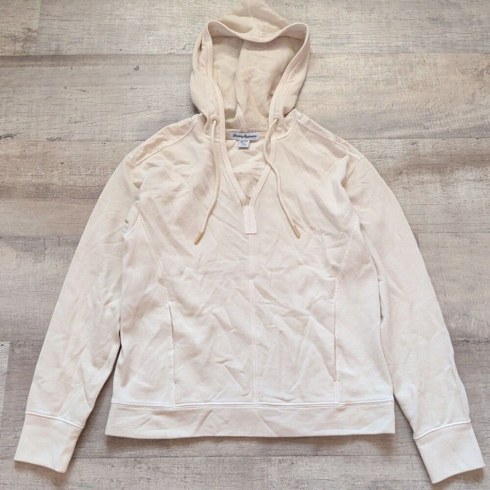 Tommy Bahama Women's XS Cream 100% Cotton V-Neck Pullover Hoodie Sweatshirt